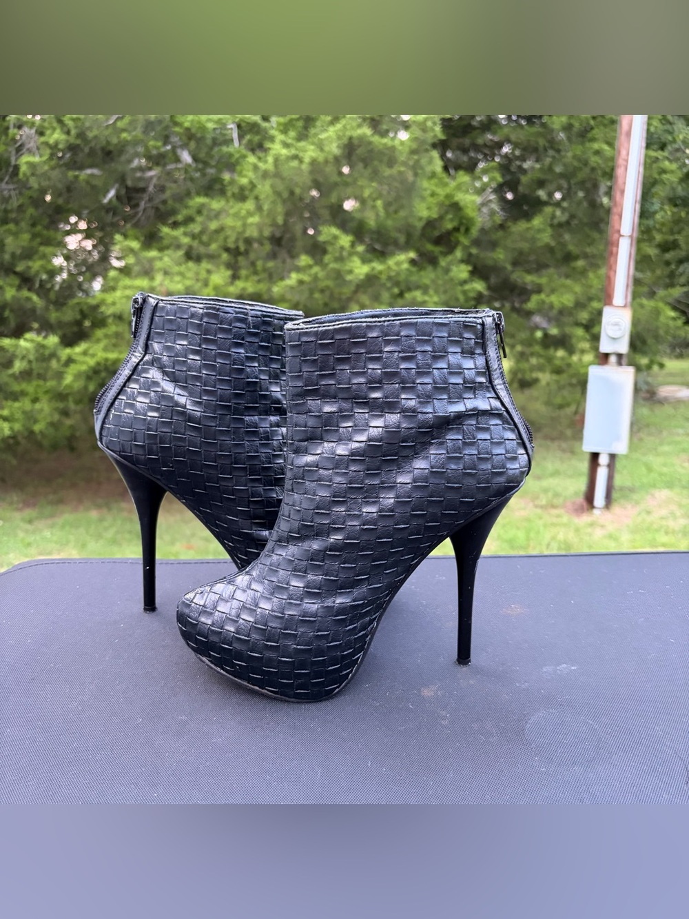 Styluxe Black Woven Platform Ankle Booties with Stiletto Heel Sz 8.5